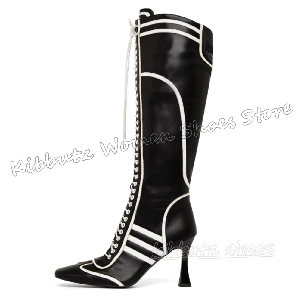 Sewing Knee High Boots Leather Lace-Up Patchwork Square Toe Kitten Heels Fashion Luxury Elegant Concise Sexy Women Shoes Newest