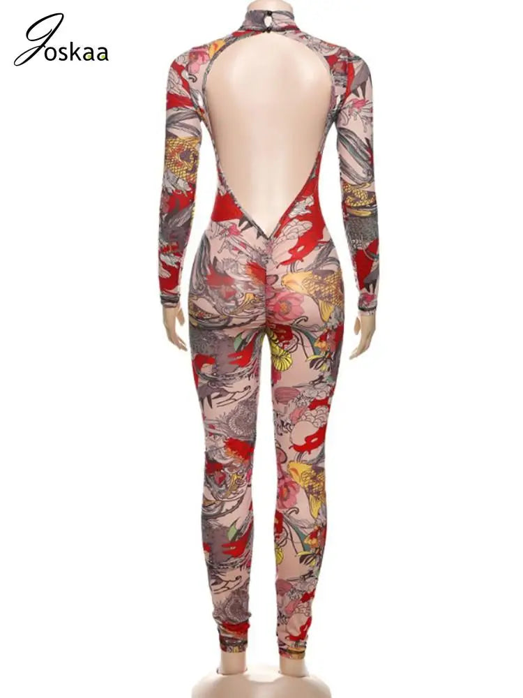 Joskaa Colorful Print Mesh Backless Jumpsuit Women Sexy See Through Full Sleeve Skinny Overalls 2025 Coquette Midnight Clubwear