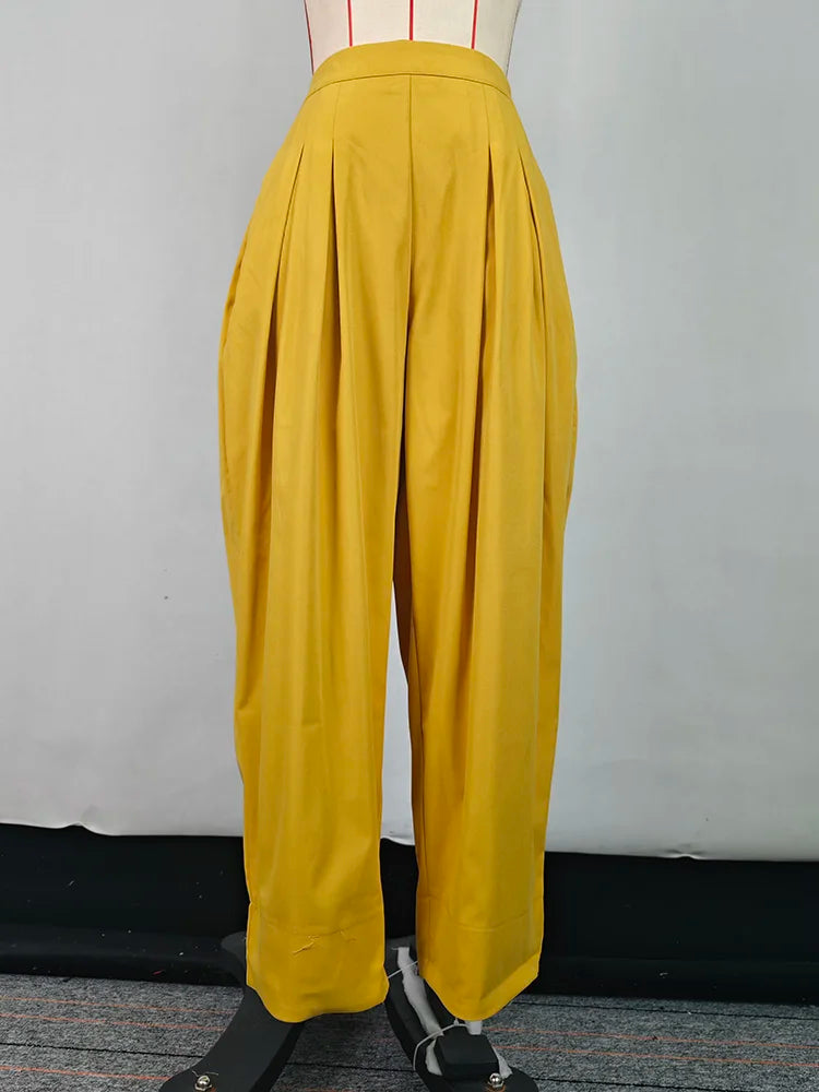 Beautyblue Elegant Women's Coats&Pants Yellow Pant Sets New Casual Buttoned Pleated Lapel Blazer Blouses Pockets Trousers Female