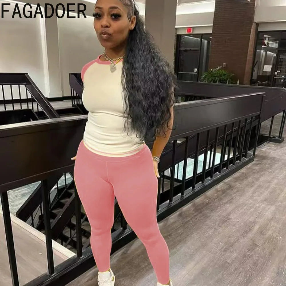FAGADOER Casual Sporty 2 Pieces Set for Woman Color Block Short Sleeve T Shirts + Leggings Pants Tracksuits Female Clothing New