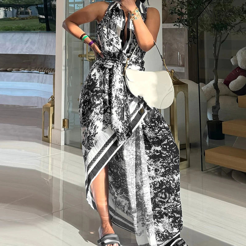 Retro Pattern Printed Button High Waist Dress Casual Women's Lapel Sleeveless Shirt Dress New Summer Fashion Split Beach Dresses