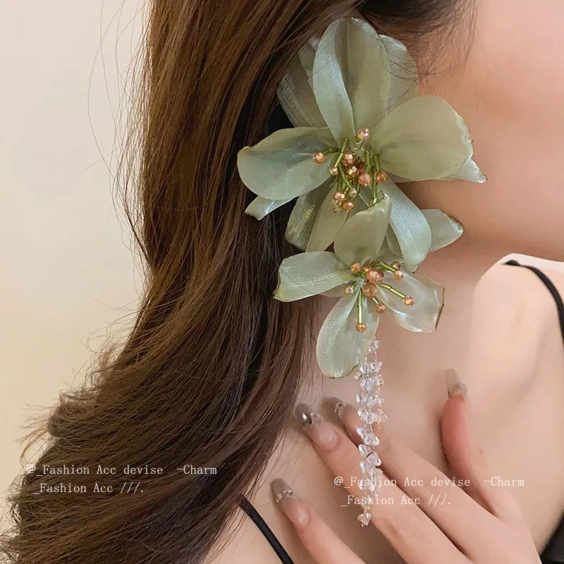 Flower Mesh Crystal Tassel Earrings for Women Elegant Style Exaggerated Long Earings Wholesale