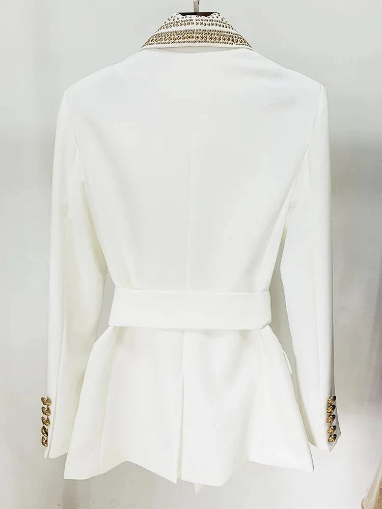 HIGH STREET Newest 2024 Stylish Designer Jacket Women's Metal Sheets Beading Belted Shawl Collar Blazer