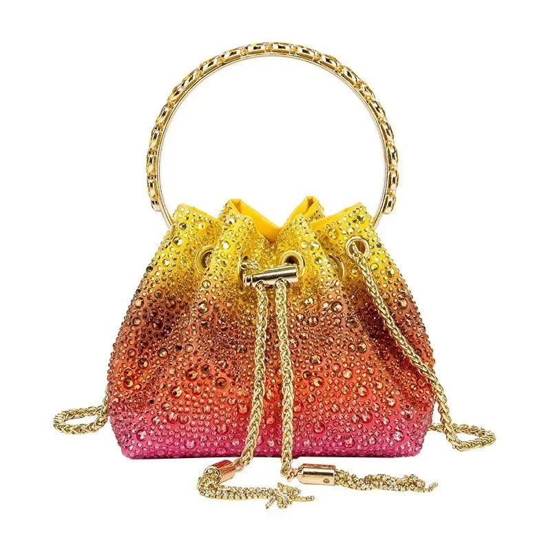 Crystal Shiny Diamonds Bucket Bag Fashion Women Handbag Metal Ring Handle Evening Bag Wedding Party Clutch Purse Crossbody Bag