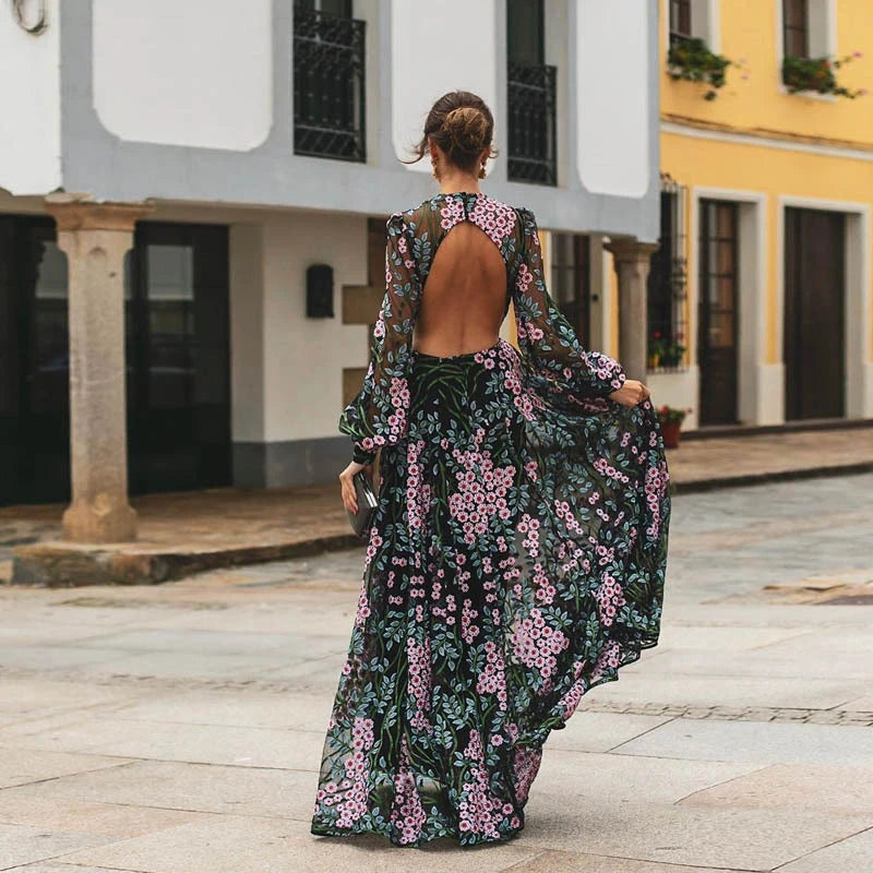 Sexy Backless Bohemian Evening Dress Spring Mesh Long Sleeve Party Dresses Vintage Chic Women O Neck Floral Print Dress Vestidos