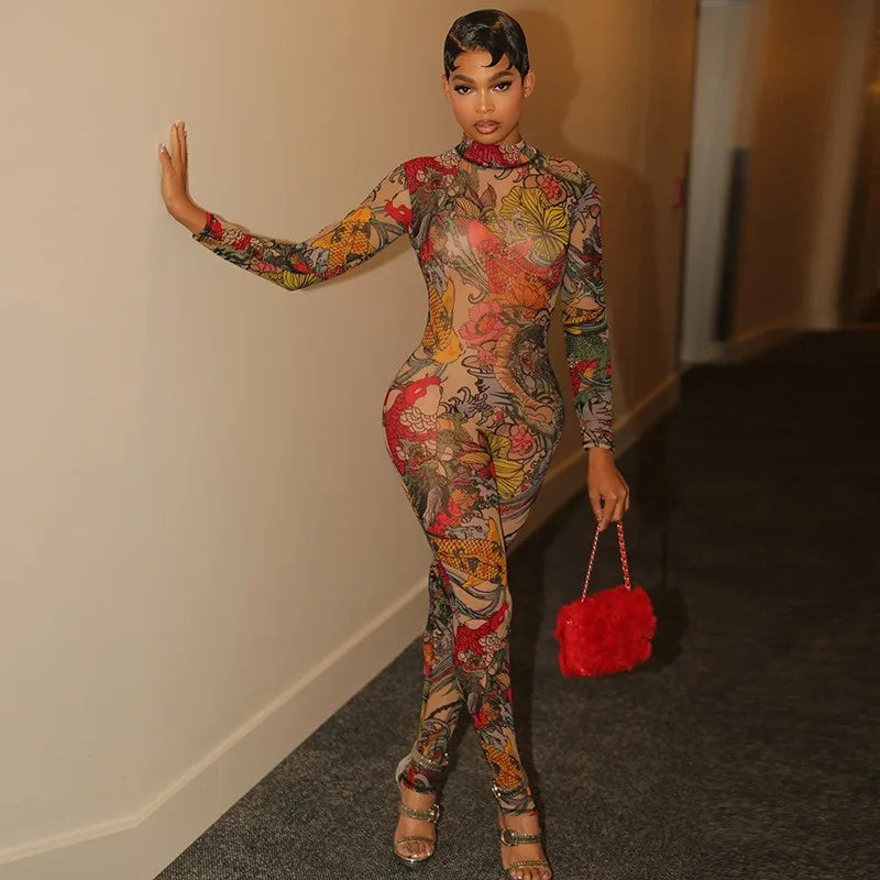 Joskaa Colorful Print Mesh Backless Jumpsuit Women Sexy See Through Full Sleeve Skinny Overalls 2025 Coquette Midnight Clubwear