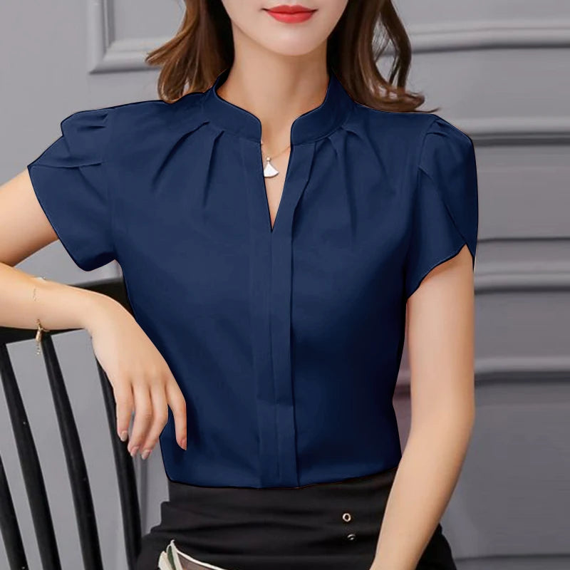 ZANZEA Formal Office V-neck Blusas Women Chiffon Blouses Elegant Ruffles Short Sleeve Tops 2024 Summer Solid Pleating Shirts