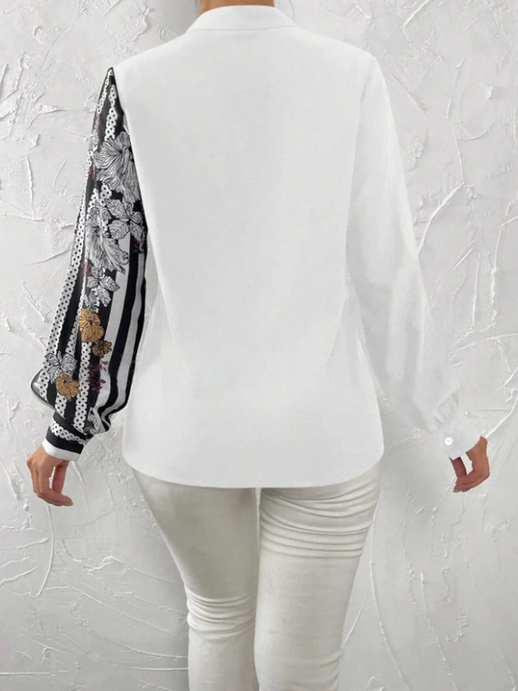Spring Summer Floral Stripe Print Split Sleeve Shirt Elegant Casual Fashion Women's Top