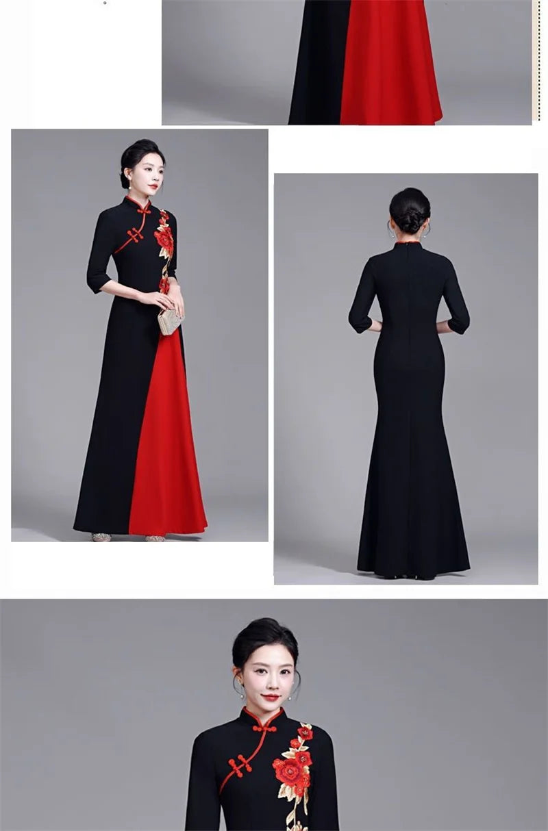 2025 Summer Women New Middle aged Elderly Dress Improved High end Non Ironing Show Elegant Slim And Long Embroide Red Dress 6XL