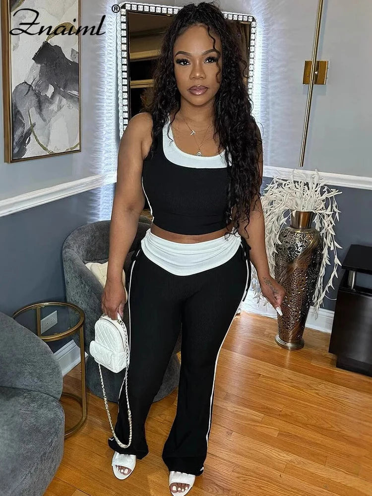 Znaiml Casual Sleeveless Tank Tops and Flare Pants Tracksuit Jogger 2025 New Fashion Sport 2 Pieces Set Woman Summer Outfits