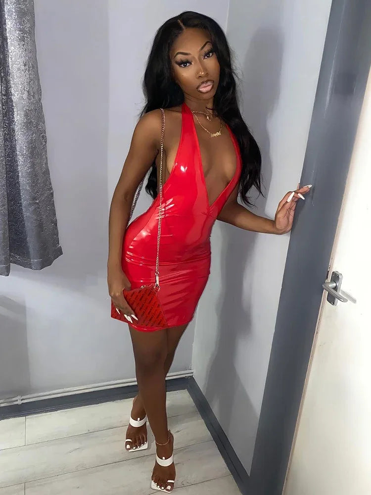 Sexy V Neck Patent Leather Dress Women Sleeveless Faux Latex Tank Dress Party Ladies Backless PVC Bodycon Dress Custom Clubwewar