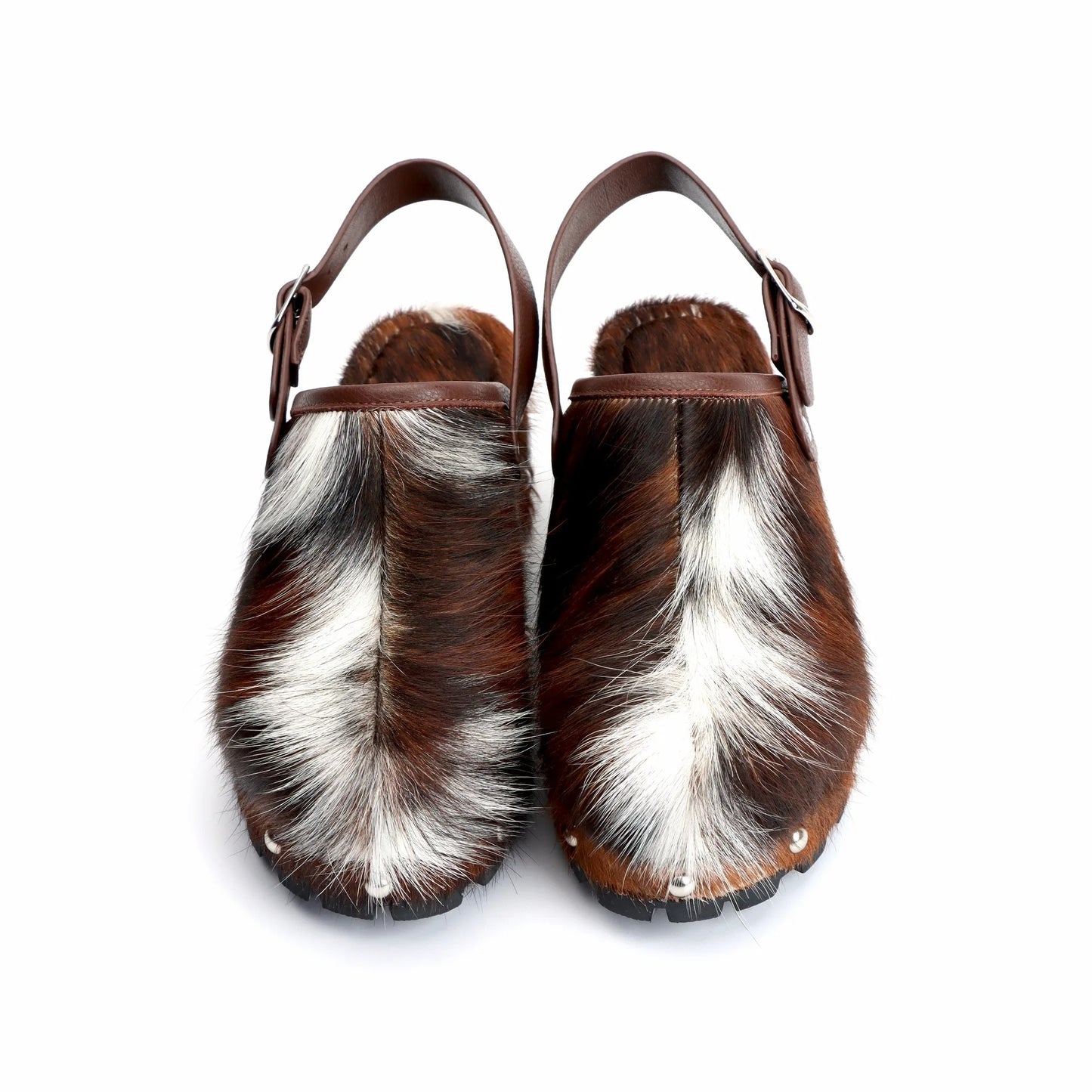 Women's Platform Fur Clogs with Arch Support, Adjustable Strap, Natural Calf Hair Mules,Studded Cowboy Style Vintage Sandals