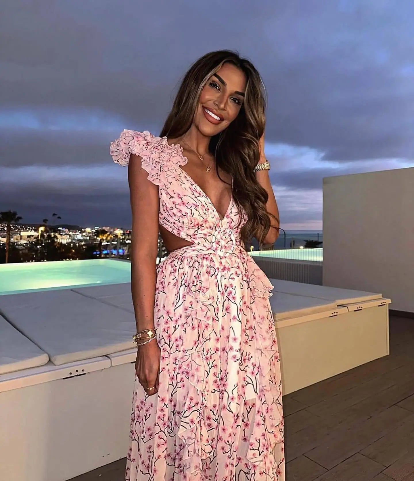 Summer Spring Women's Clothing Dress Hollow Out Slim Deep V Ruffle Edge Floral Backless Dress Loose Maxi