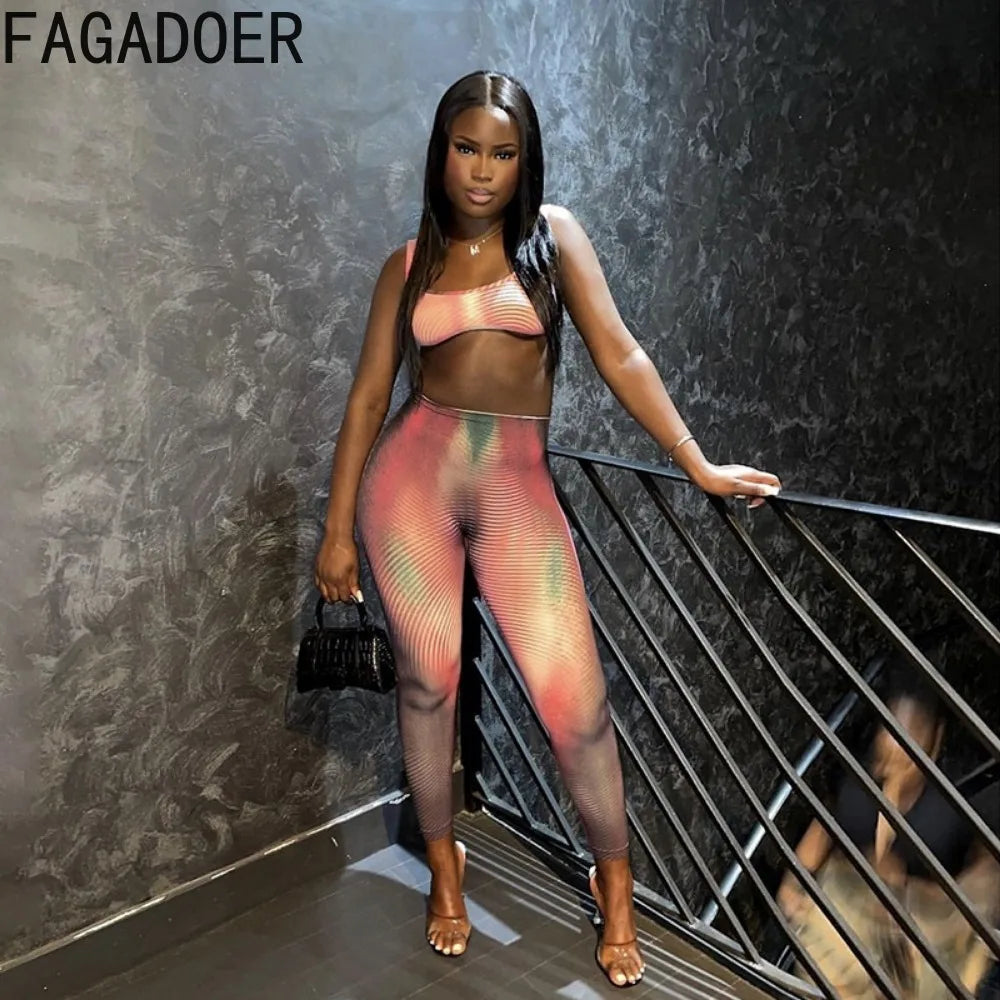 FAGADOER Fashion Stripe Patchwork 2 Piece Sets Woman Outfit Gradient Backless Vest Top + Skiny Pants Suit Female Jogger Clothing