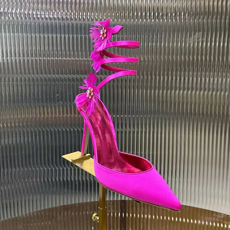 Rhinestone Feather Flower Embellished Ankle Strap High Heel Sandals for Women