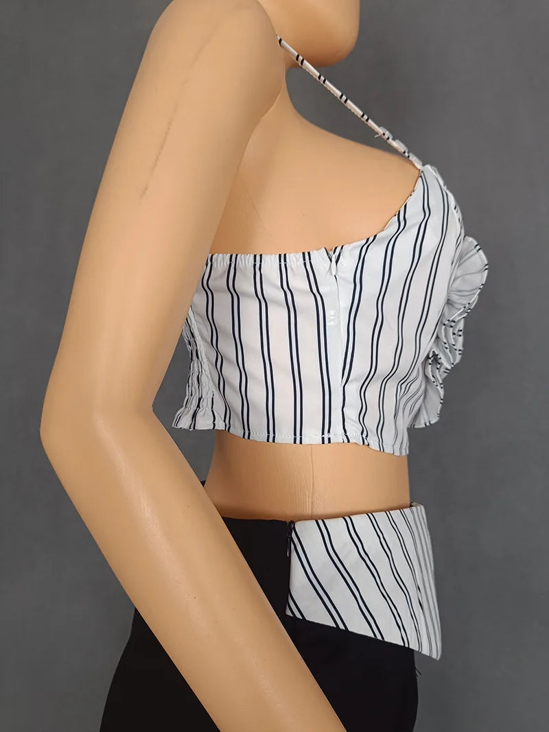 CM.YAYA Fashion Women's Set Striped Strap Floral Applique Crop Top and Wide Leg Pants Suit 2025 Two 2Piece Sets Outfit Tracksuit