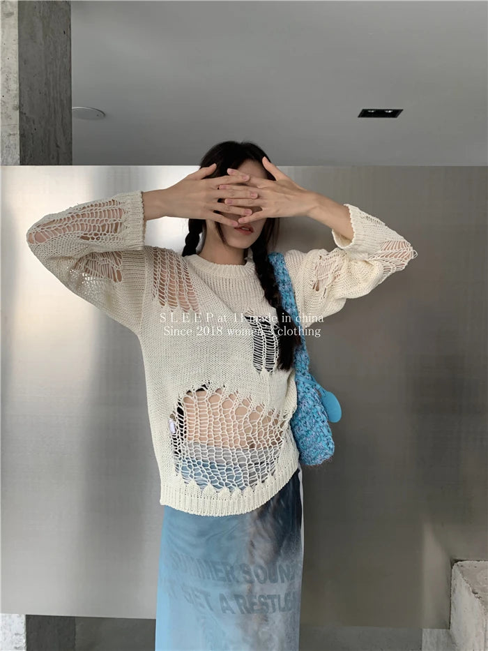 Karrram Gothic Hollow Out Sweater Hole See Through Oversized Knitted Pullovers Emo Streetwear Grunge Clothes Y2k Tops Spring
