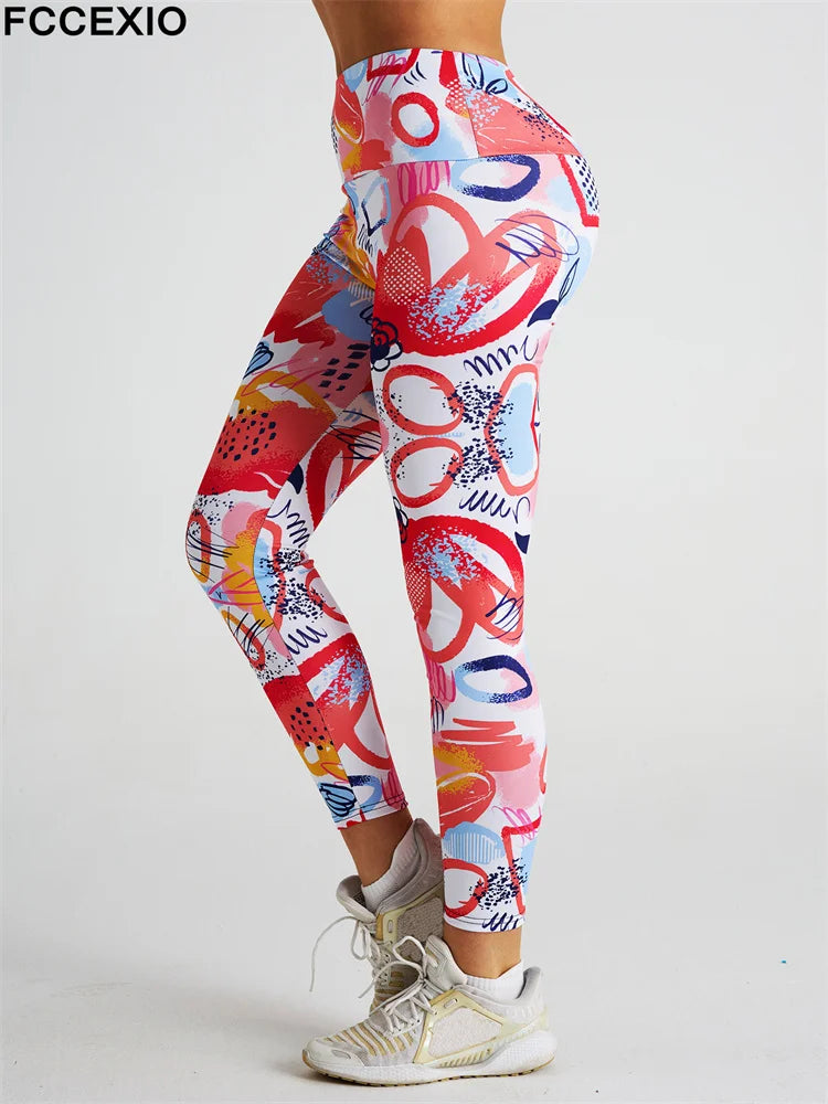 FCCEXIO Hot New Women Leggings Red Lip Love Digital Print Patchwork Fitness Legging Push Up Workout Leggins Pants Sexy Pants