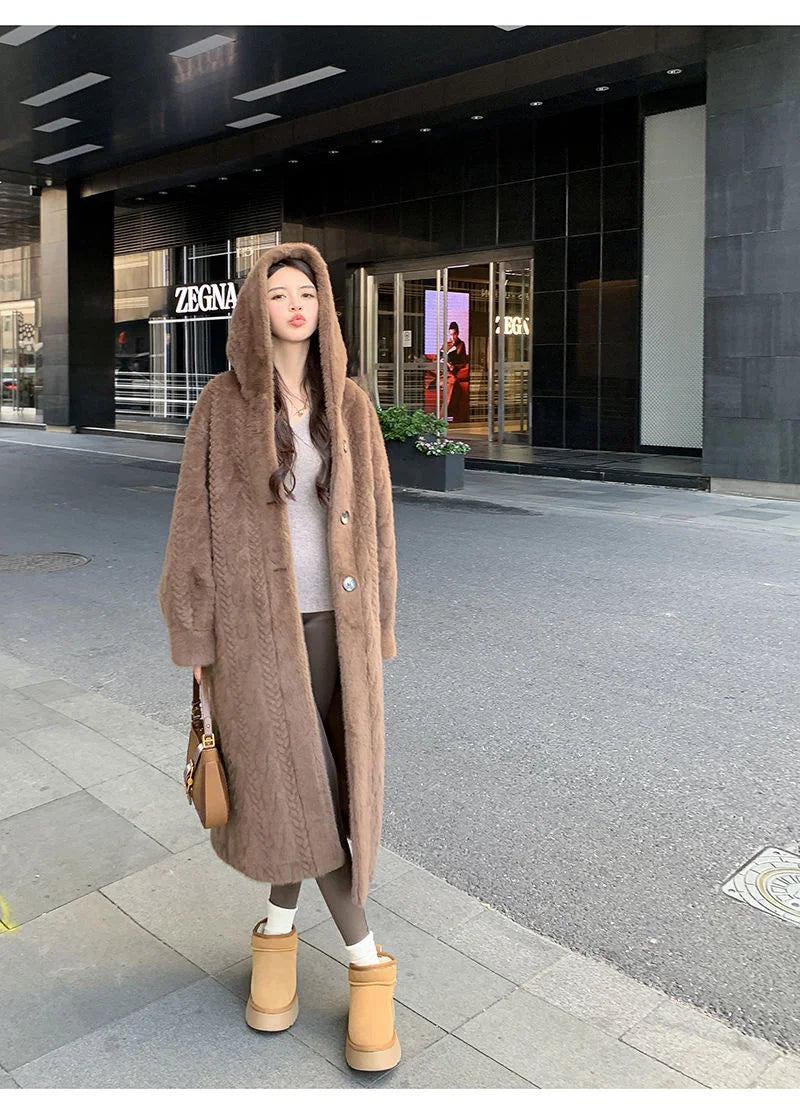 2025 Winter New Thick Women's Long Imitation Mink Plush Cardigan With Integrated Fur Eco-Friendly Hooded Fur Coat Solid Color