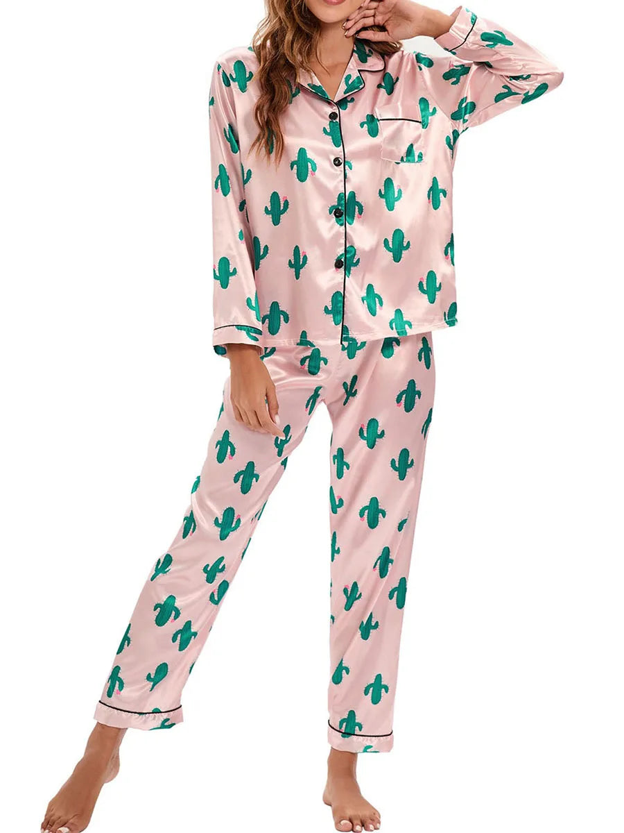 Women 2 Pieces Satin Pajamas Set Spring Autumn Long Sleeve Button Up Shirt and Casual Loose Elastic Pants Sleepwear Loungewear