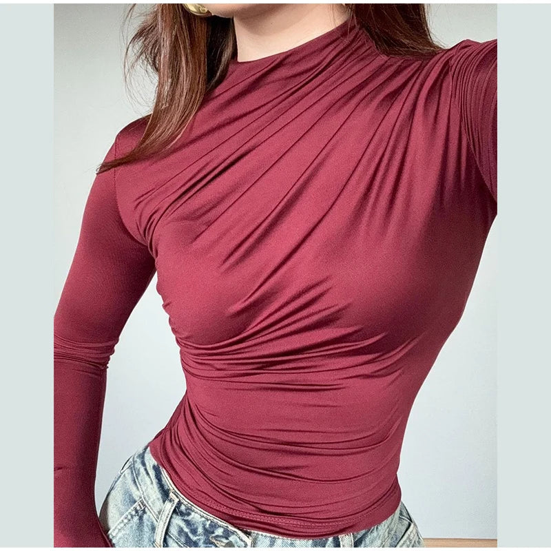 Women Tees Sexy Turtleneck Long Sleeve Pleated All-match Basic Lady T-shirts 2025 Spring Autumn Fashion Chic Female Streetwears