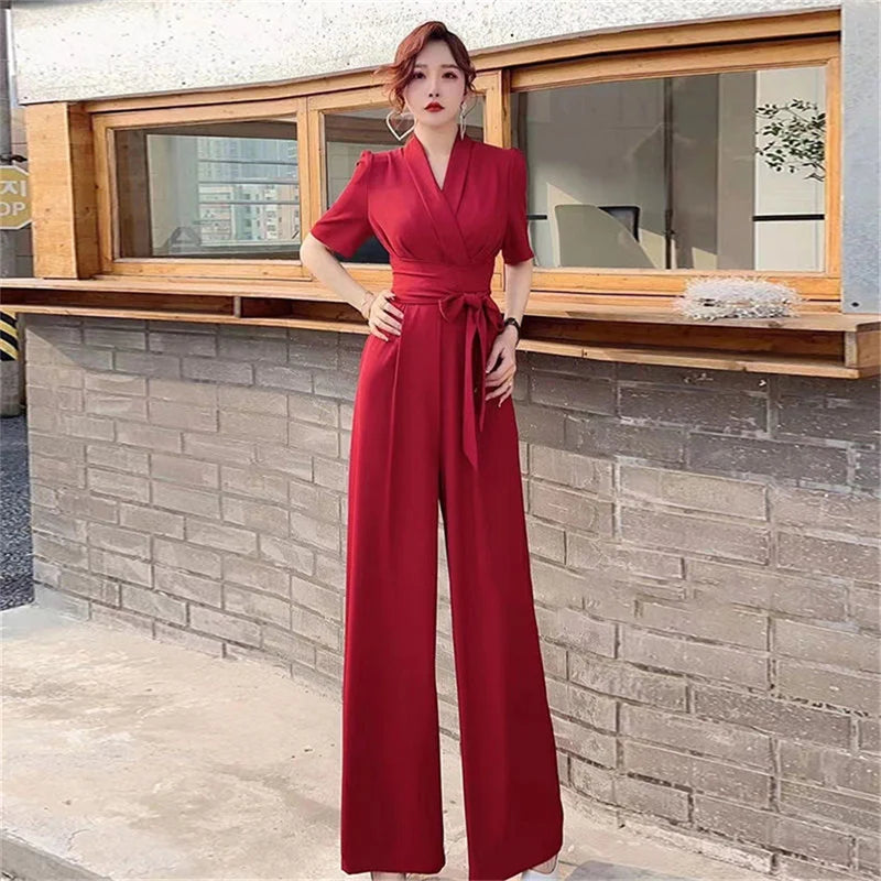 Jumpsuits Summer New High end Jumpsuit Women's Elegant Solid Color High Waist Slim Lace up Wide Leg Dropping Bodysuit Women Sets