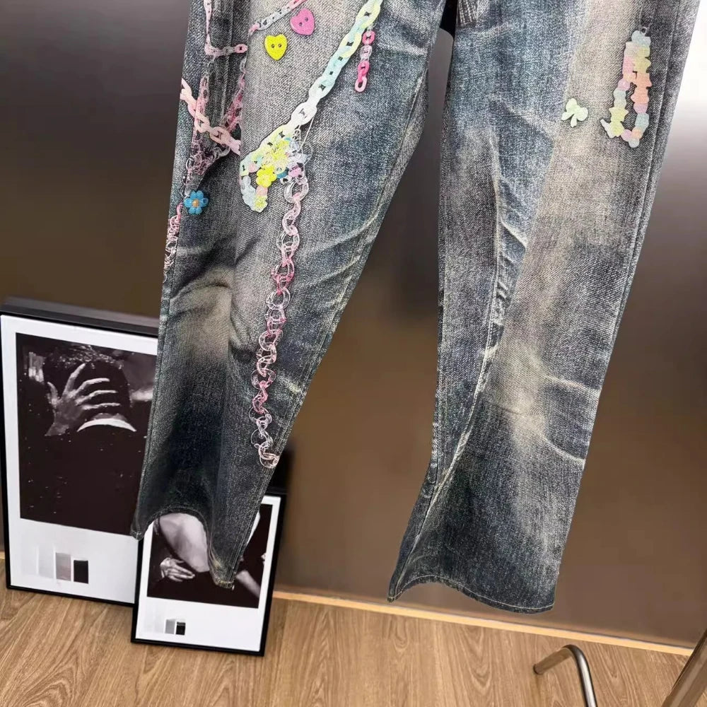 VGH Spliced Colorful Beading Chain Jeans for Women High Waist Patchwork Distressed American Retro Spring Trousers Female Style
