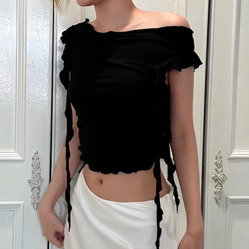 Summer New Women's T-shirt Short Sleeve Fashion Black Sexy Simple Crop Top Casual Streetwear Slash Neck Slim Basic Female Tees