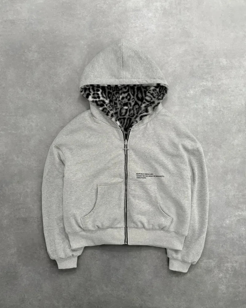 American Fashion Reversible Faux Fur Leopard Zipper Hoodie Mens Womens Oversized Sweatshirt Leopard Print Mink Fur Lining Y2K