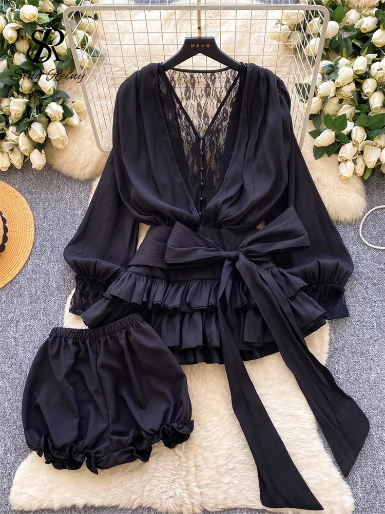 Lace Chiffon Mini Dress With Ruffles and Shorts for Women