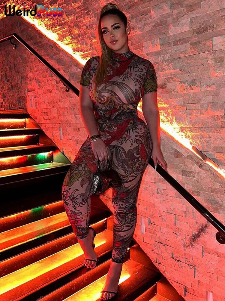 Weird Puss Serpentine Jumpsuit Women See Through Backless Short Sleeve Sexy Fit Summer Workout Overalls Stretch Button Clubwear