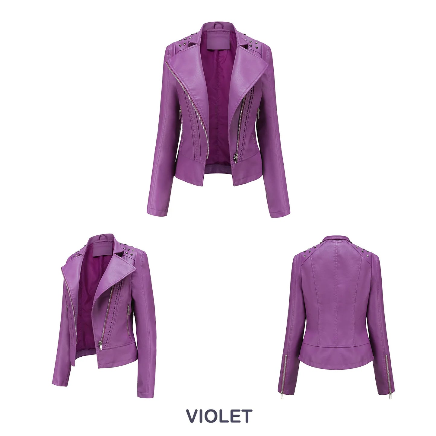 Women's Punk Rivet Leather Jacket Spring Autumn Retro Turndown Collar Slim Casual Ladies Faux Soft Leather Moto Biker Outerwear