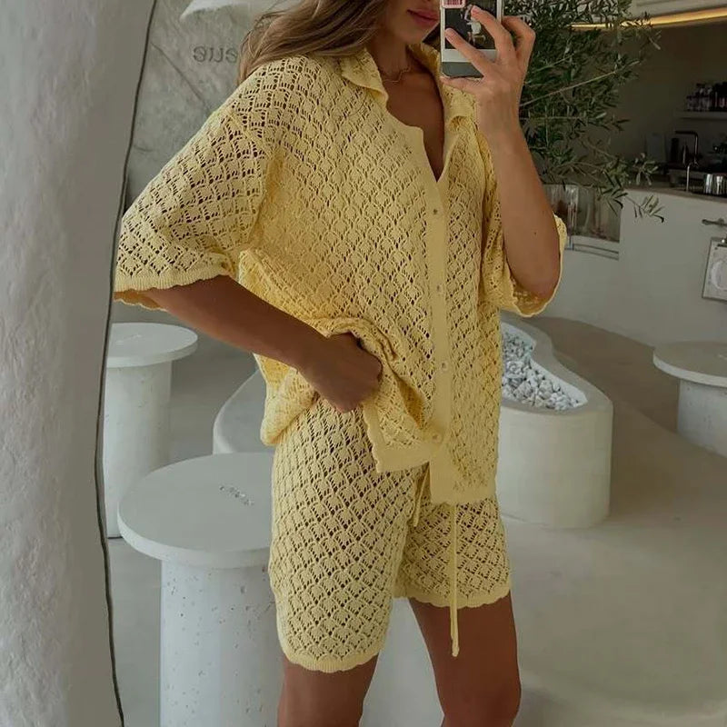 Holiday Hollow Out Knit Crochet Outfit Woman Single Breasted Lapel Shirt Top & Lace Up Short Sets Solid Spring Summer Beach Suit