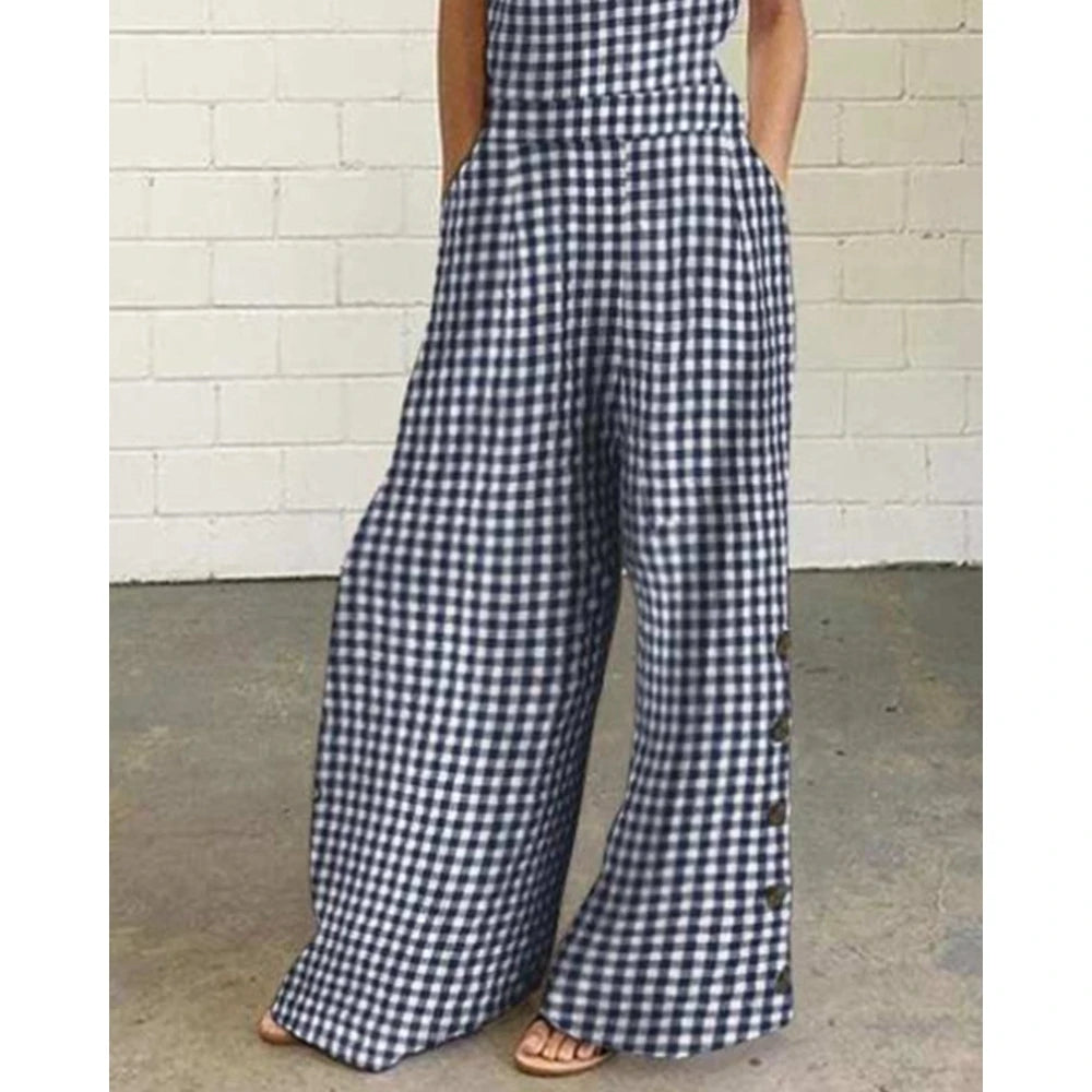 Women All Over Plaid Print Suspender Jumpsuit Summer Buttoned Wide Leg Elegant Jumpsuit Casual One Piece Party Overalls Clothing
