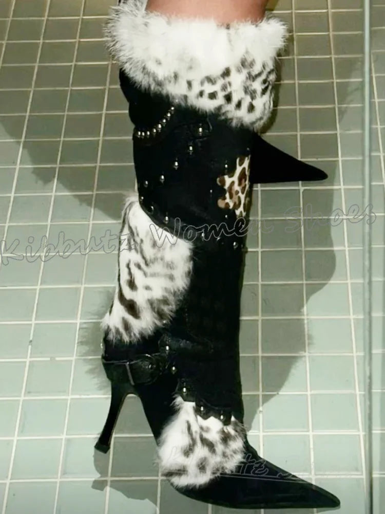 Knee High Boot Furry Patchwork Leather Belt Buckle Winter Warm Fashion Novelty Sexy Elegant Concise Pointy Thin Heels Shoes New