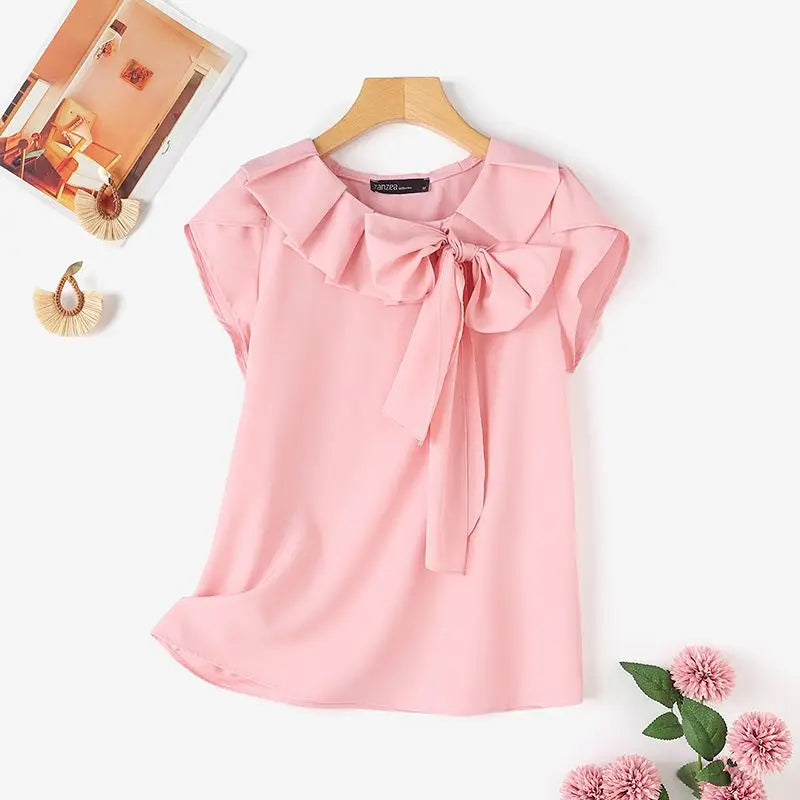 ZANZEA Women Short Sleeve Blouse Elegant Round Neck Tunics Office Lady Bowknot Stitching Shirt Casual Loose Solid Twisted Tops