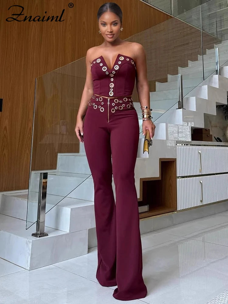 Znaiml Off Shoulder V Neck Strapless Crop Tops and Wide Leg Pants Women 2 Pieces Matching Sets Elegant Birthday Party Outfits