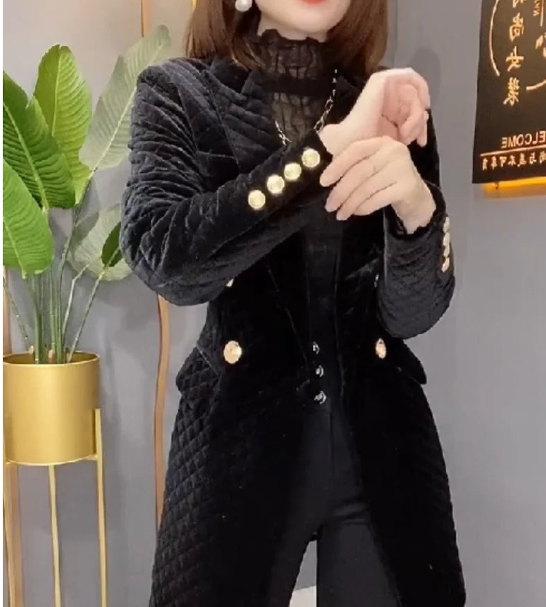 Long Quilted Double Breasted Turn Down Collar Coat For Women