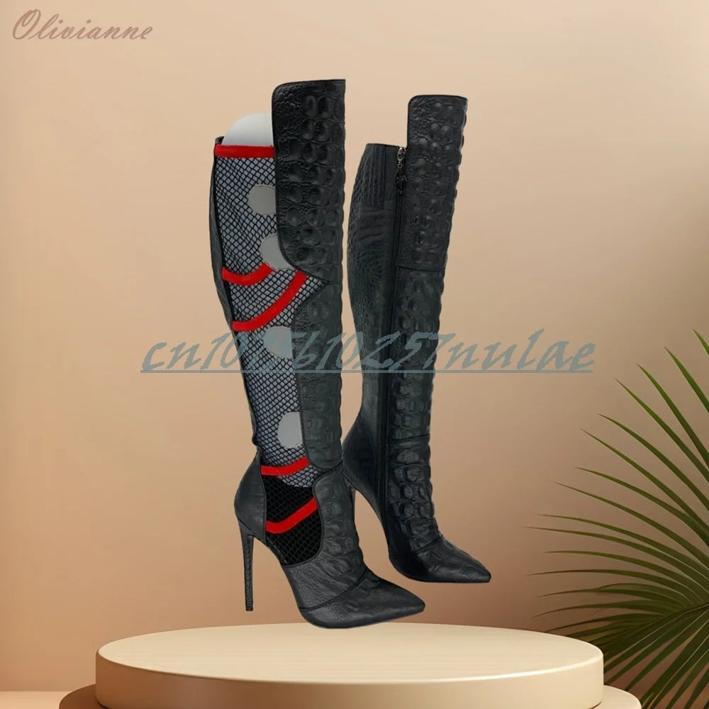 Hollow Net Design Mutilcolor Mid Calf Boots Side Zipper Stiletto High Heel Party Fashion Women Shoes 2025 Summer New Para Mujere