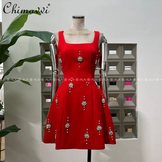 High-end Light Luxury Party Dress 2025 Summer Clothes New Heavy Industry Diamond Square Collar Waist Halter Bow Short Dress