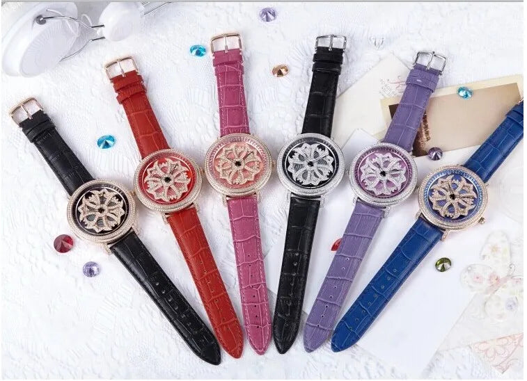 Luxury Davena Spin Snow Flower Women's Watch Japan Mov't Crystal Lady Hours Fine Fashion Real Leather Bracelet Girl's Gift Box