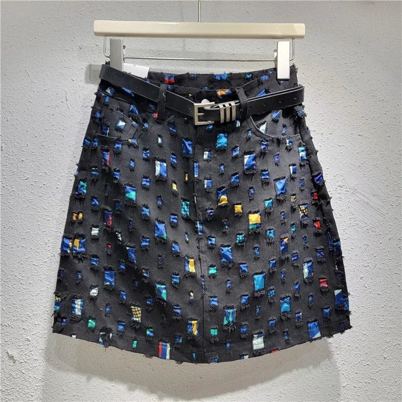 Design denim short skirt hip skirt a word 2024 new burned flower wear trend personalized niche women's clothing