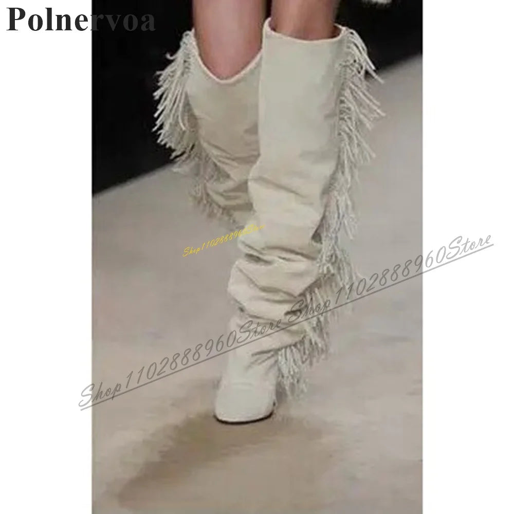 Catwalk Knee High Black Tassels Boots Wedges High Heel Shoes For Women Slip On Pointed Toe 2024 Fashionable Zapatos Para Mujere