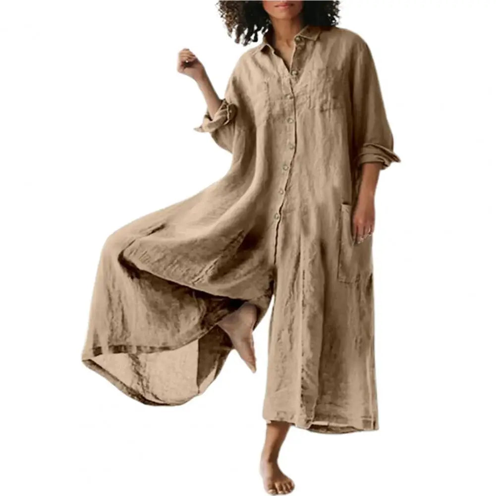 Oversized Cotton Linen Wide Leg Jumpsuit with Pockets for Women