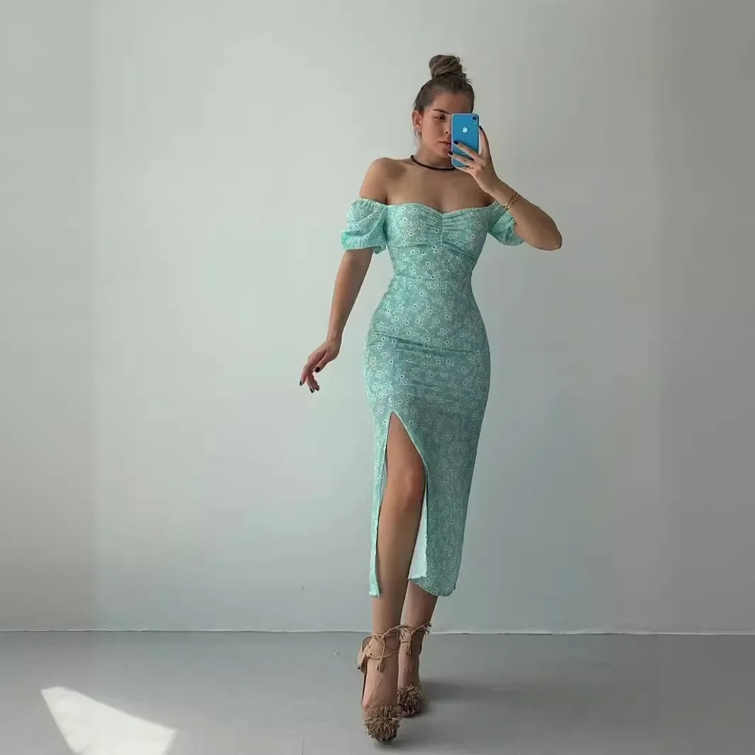 Elegant Summer Women's Dress Off-Shoulder Floral Side Slit Fashionable Commuting Foreign Trade New Style Womens Clothing