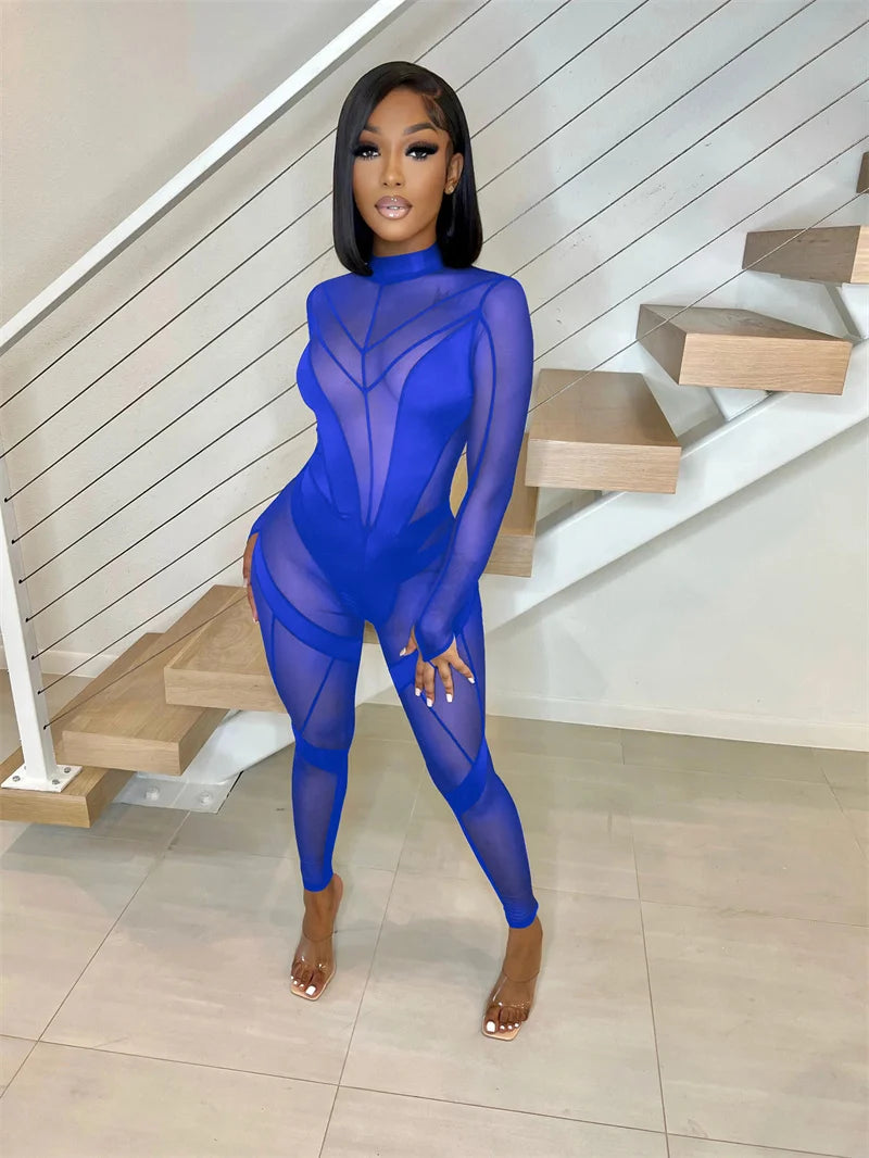Sexy Sheer Mesh Jumpsuits Women Party Club Outfits Skinny Patchwork Long Sleeve See Through Rompers Womens Jumpsuit Midnight