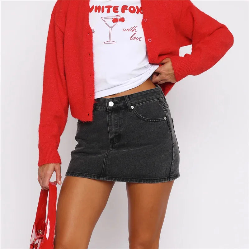 Imcute Women Y2k Denim Mini Skirt Fashion Low Rise A-Line Slim Fit Button Up Summer Trendy Short Jean Skirt with Pockets
