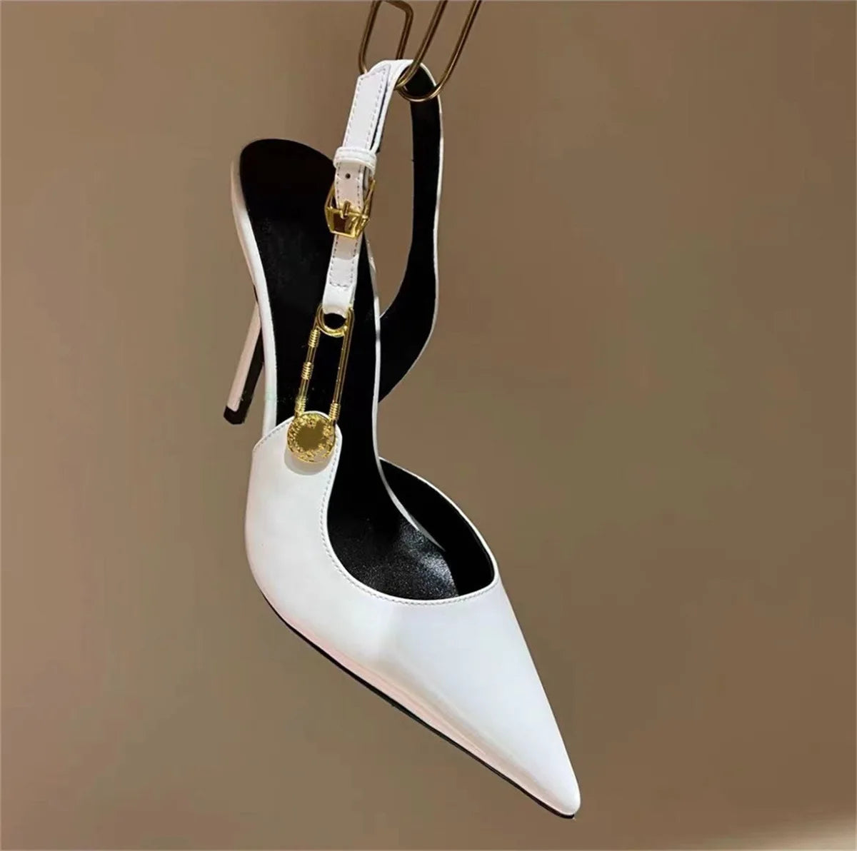 Sexy Pointed Toe Slingabck Rhinestone Sandals Lady Leather Luxury Dress Stiletto High Heel Pumps Women Shoes Metal Buckle
