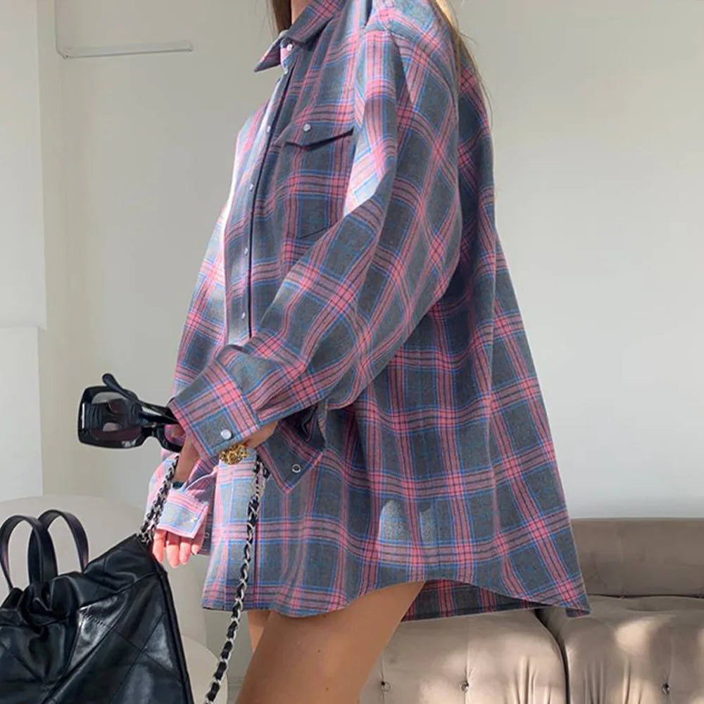 FSMG-Versatile Plaid Shirt For Women, Red Bright Grid, Oversized Blouse, Leisure And Fashionable Top, Spring And Autumn Seasons