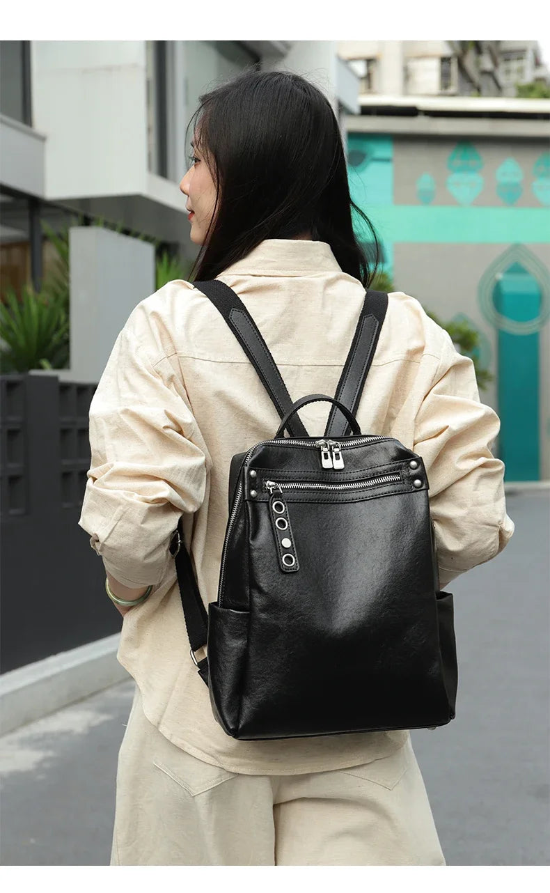 Women's Natural Cow Leather Backpacks Lady Cowhide Design Large Capacity Bags Female Retro Fashion Versatile Backpacks Ladies